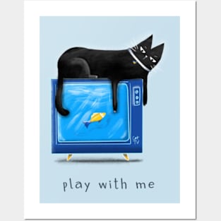 Cartoon black cat with a TV and a fish on the screen and the inscription "Play with me". Posters and Art